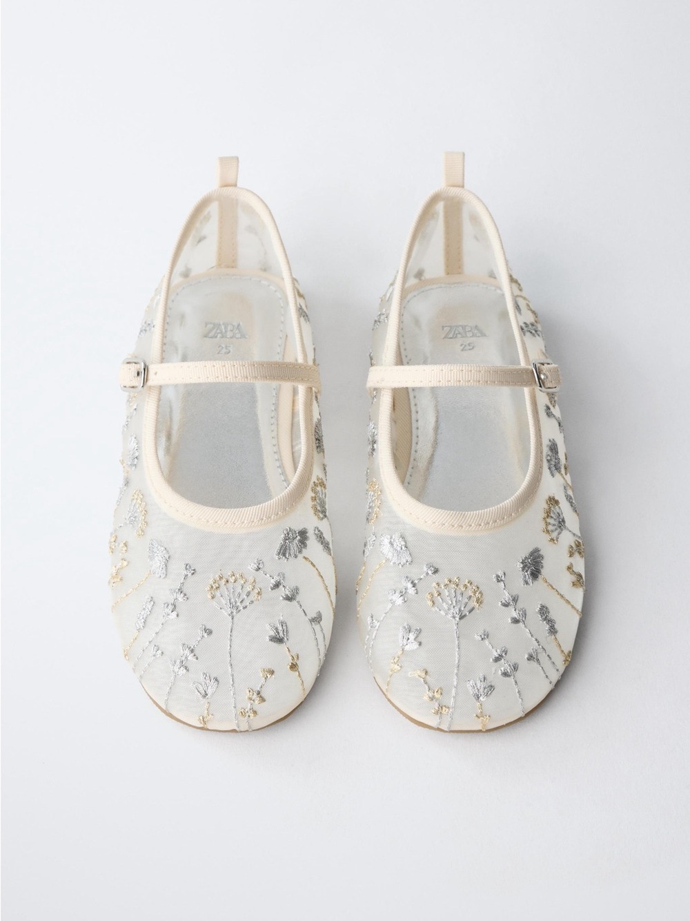 Like new Zara Kids Cream Embroidered Mary Jane Flats with Metallic Floral Detail